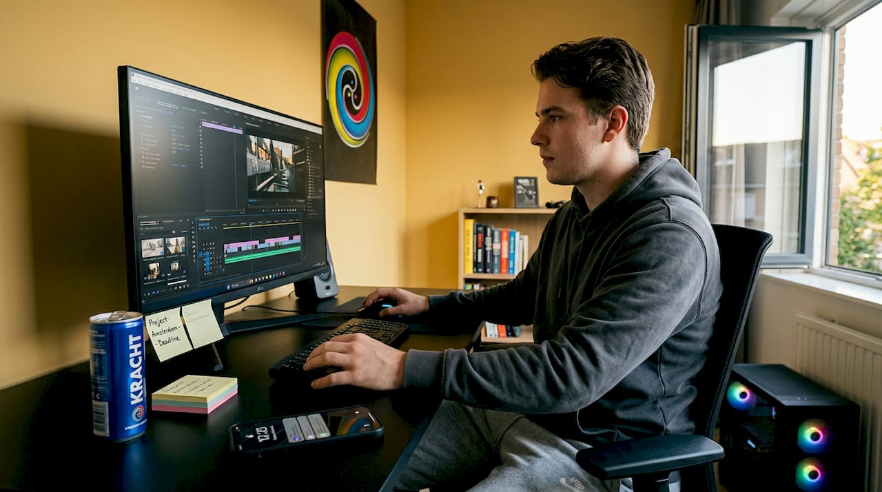 Een jonge man zit thuis achter zijn game-pc te werken.