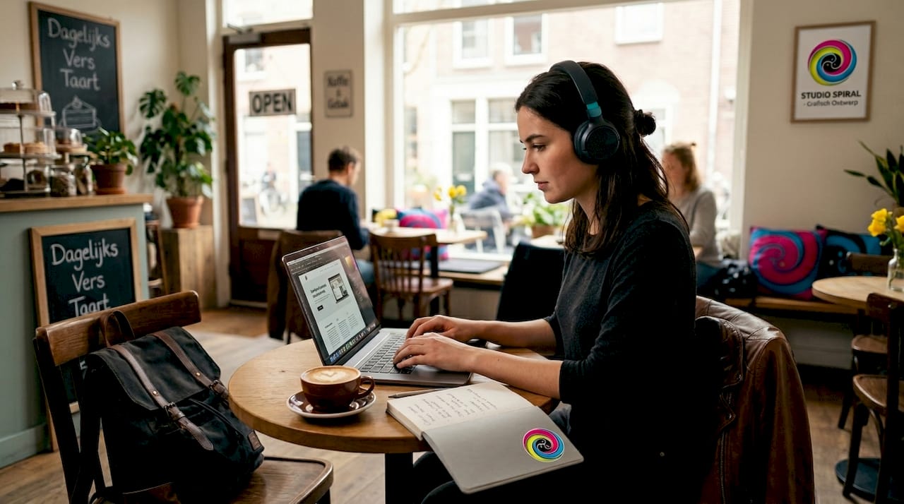 Jonge vrouw werkt op haar laptop in een gezellig café