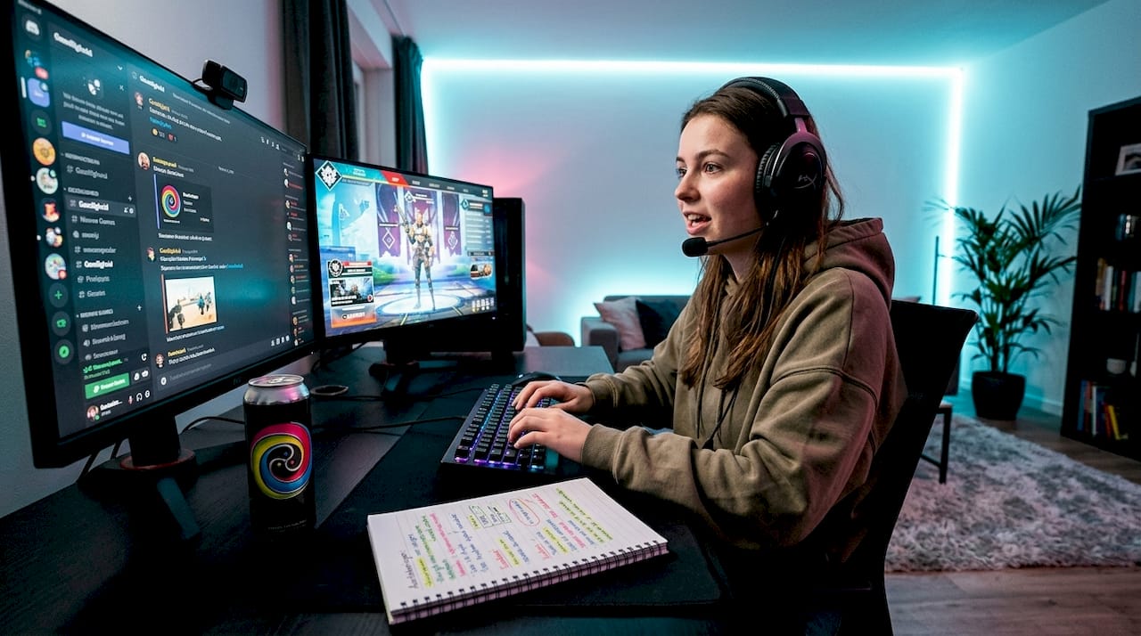 Een vrouwelijke gamer zit achter haar bureau en chat gezellig met anderen via Discord.