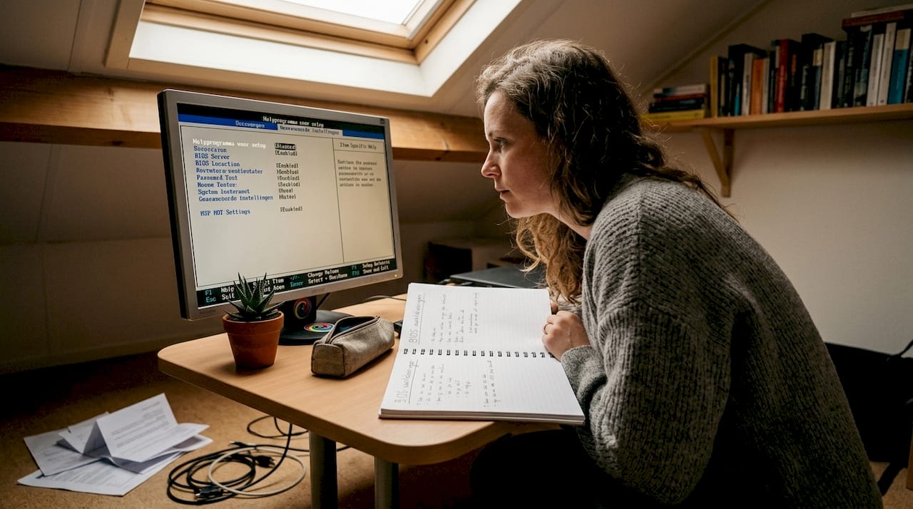 Op zolder zit een vrouw geconcentreerd te kijken naar de BIOS-instellingen van haar computer.
