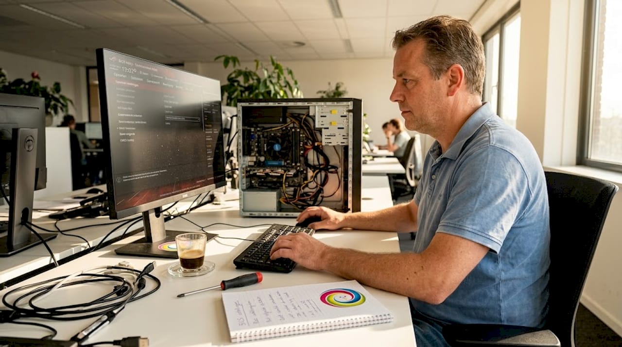 Een computerexpert die het BIOS optimaliseert voor betere prestaties