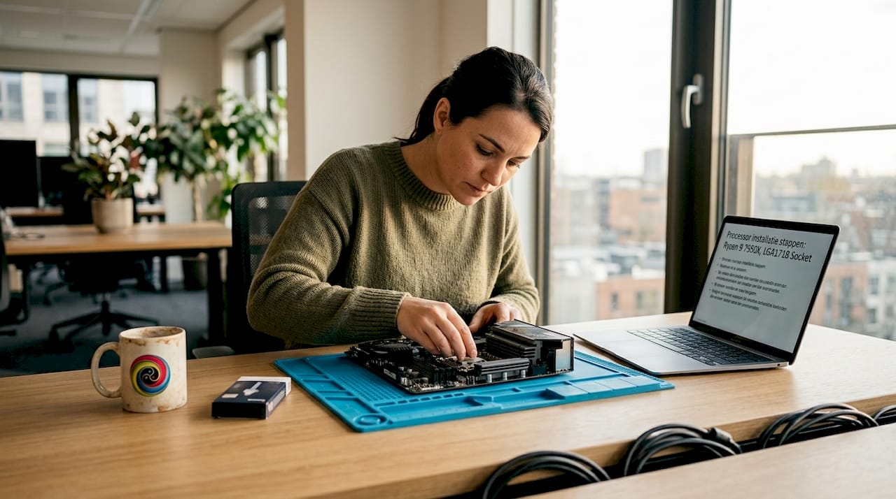 Een vrouw plaatst een processor in haar desktopcomputer.