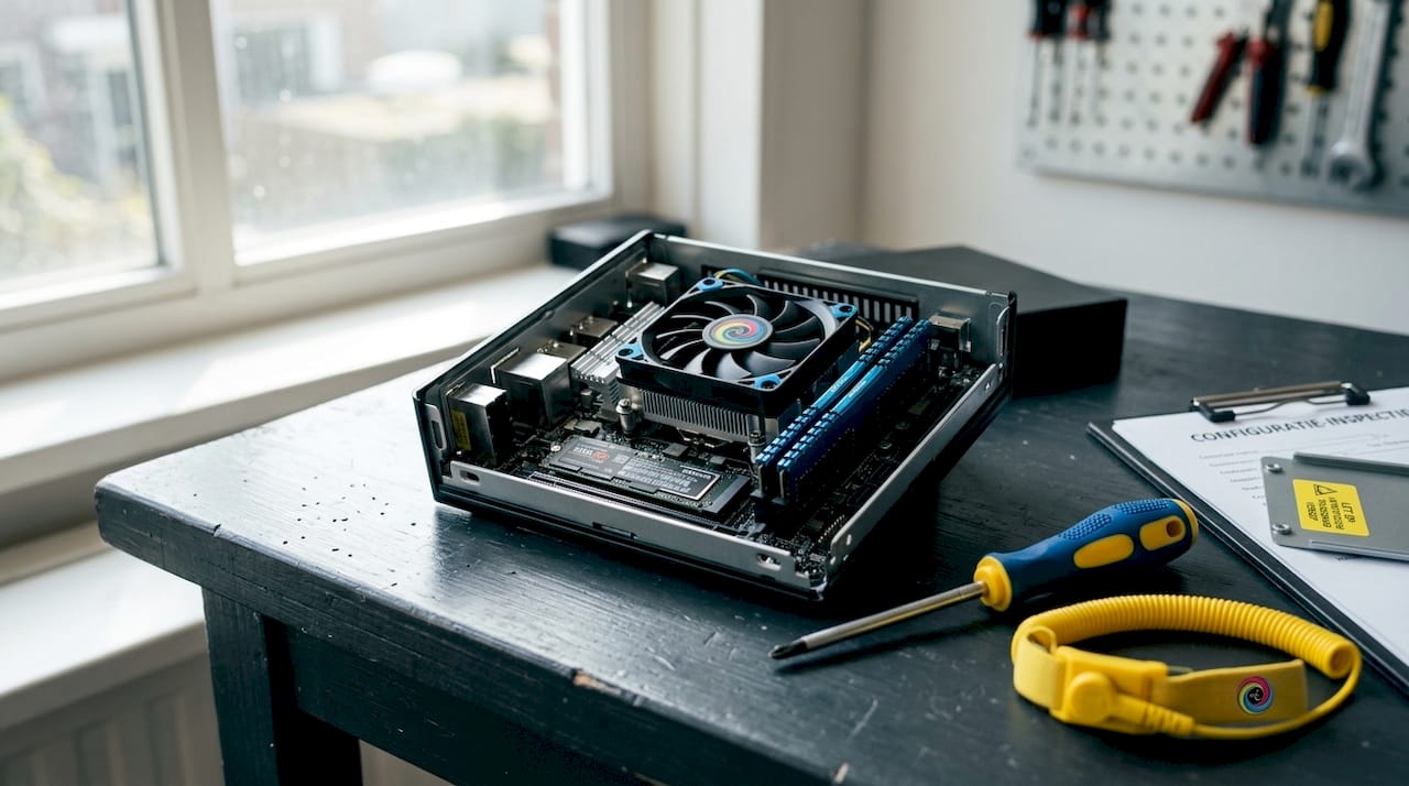 Gedetailleerde blik op de interne hardware van een mini-pc