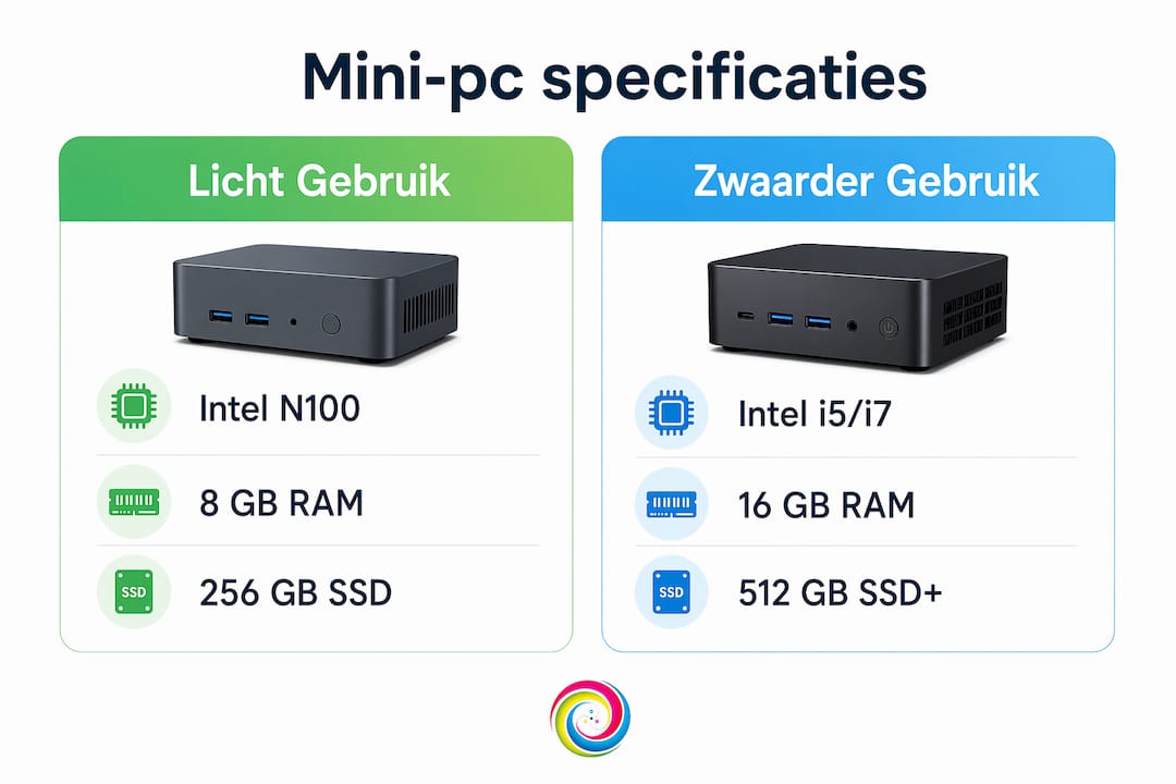 Overzichtelijke infographic: welke mini-pc past bij jouw gebruik? Vergelijk de specificaties per toepassing, zoals gamen, thuiswerken of streamen.