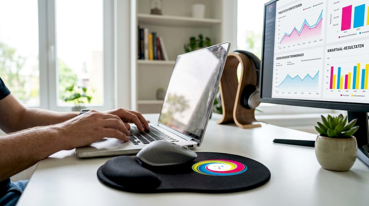 Iemand zit achter zijn laptop en houdt via de software in de gaten hoe het systeem presteert.
