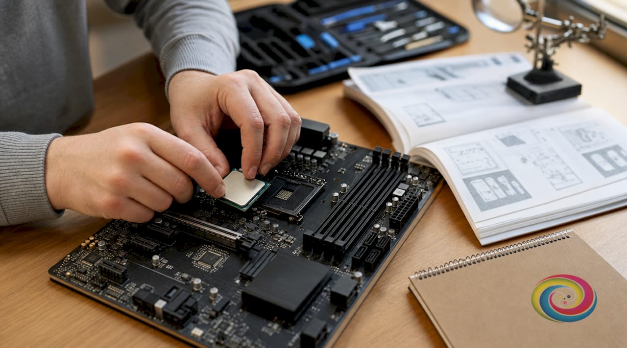 Een paar handen plaatst voorzichtig een processor op het moederbord in een werkplaats.