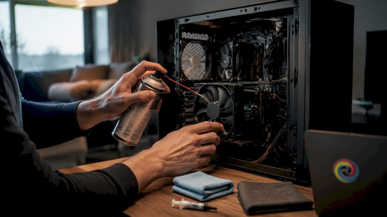 Met je handen het stof wegblazen van de ventilator van je gaming-pc.