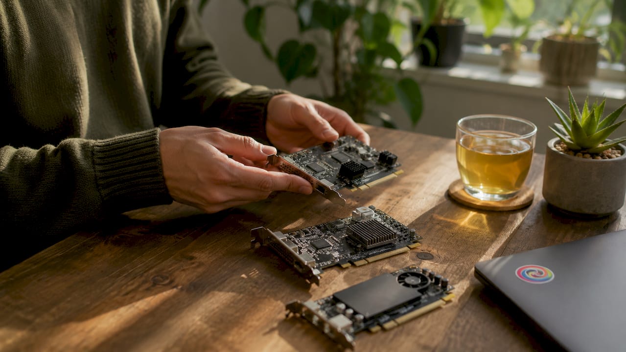 Twee handen houden verschillende PCIe-uitbreidingskaarten naast elkaar om ze te vergelijken.