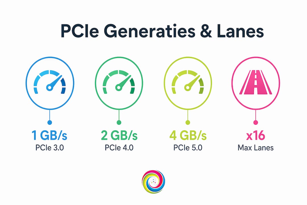 Overzichtelijke infographic met de verschillende PCIe-generaties en het aantal beschikbare lanes per generatie