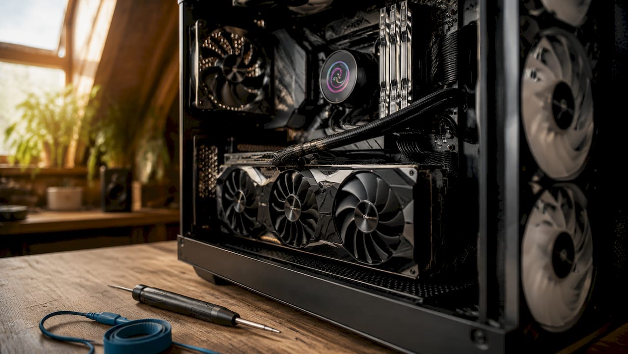 Een close-up van de binnenkant van een gaming-pc, waarbij de grafische kaart en het werkgeheugen goed zichtbaar zijn.