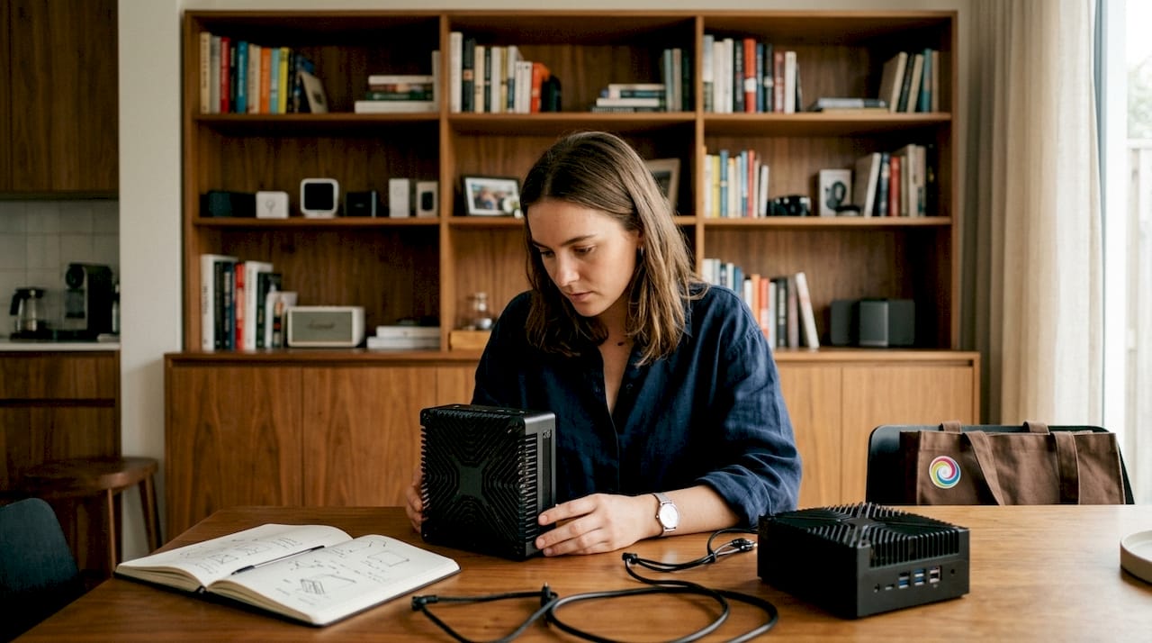 Vrouw bespreekt aan de keukentafel het verschil tussen volledig stille en fluisterstille pc’s