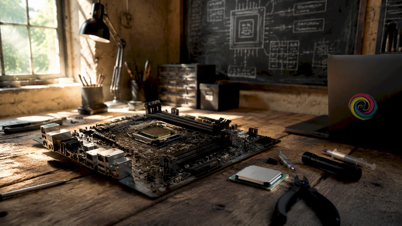 Een quad-core processor die vlak naast de CPU-socket op het moederbord is geplaatst.