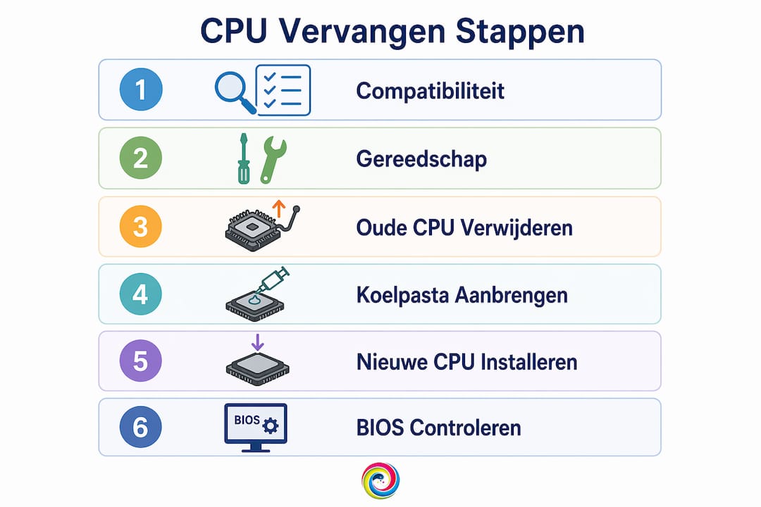 Infographic met een overzicht van het stappenplan voor het vervangen van een CPU
