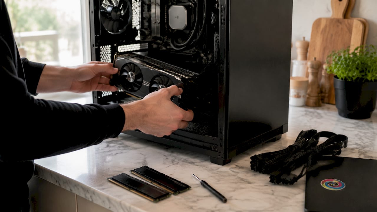 Met beide handen wordt een videokaart in een game-pc geplaatst.