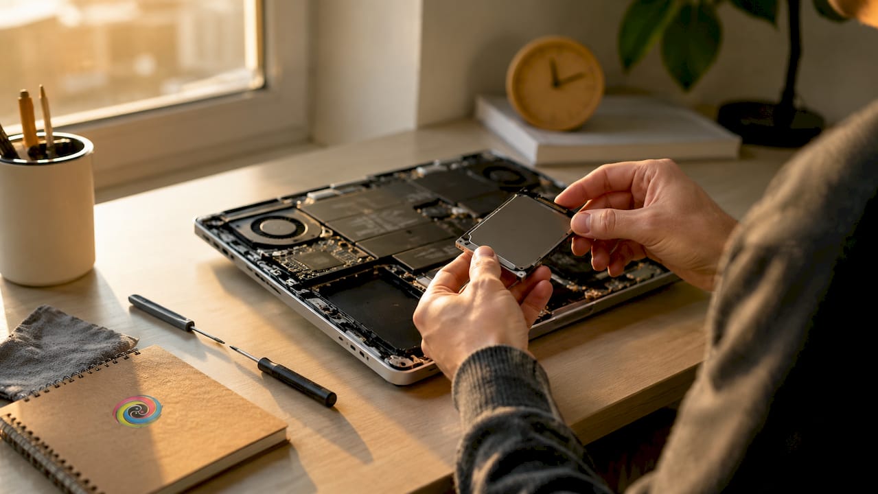 Detailopname van handen die een harde schijf uit een desktopcomputer halen