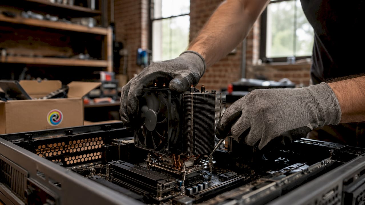 Detailopname van een monteur die werkt aan een luchtkoeler
