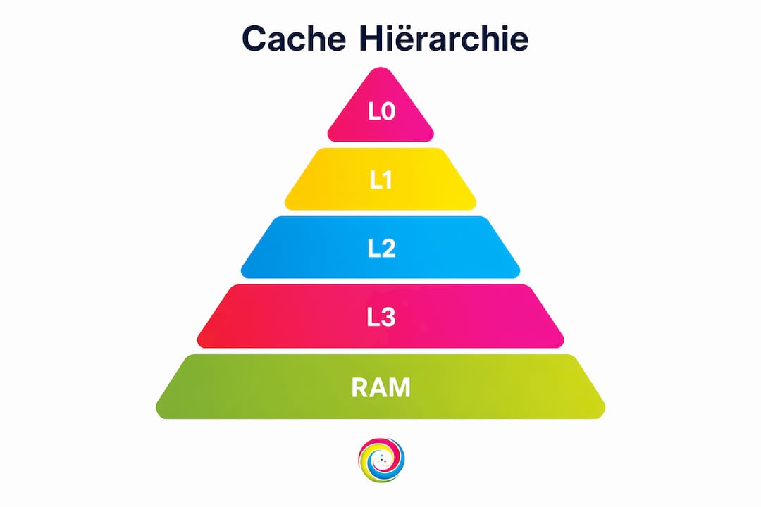 Infographic met een overzicht van de cache-hiërarchie, van L0 tot en met het RAM-geheugen.