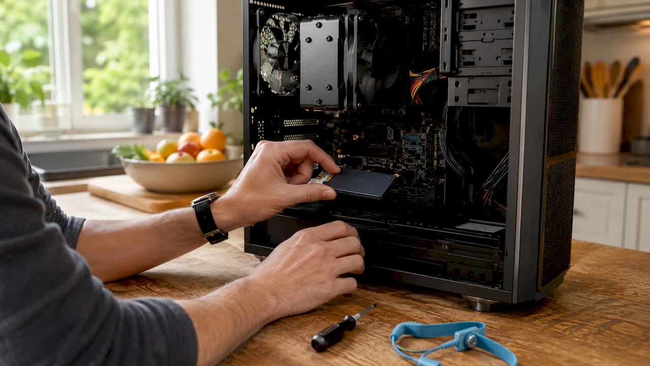Iemand plaatst een SSD in de behuizing van een desktopcomputer.