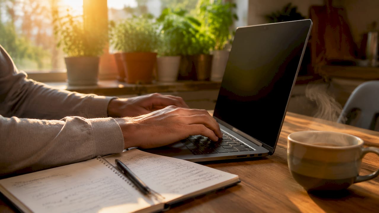 Iemand typt op een laptop terwijl er softwareproblemen spelen