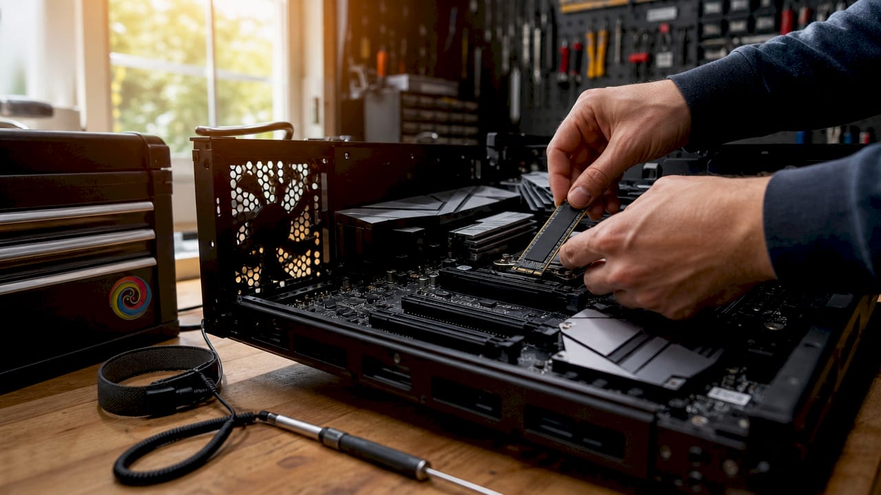 Detailfoto van handen die een SSD plaatsen op een moederbord.