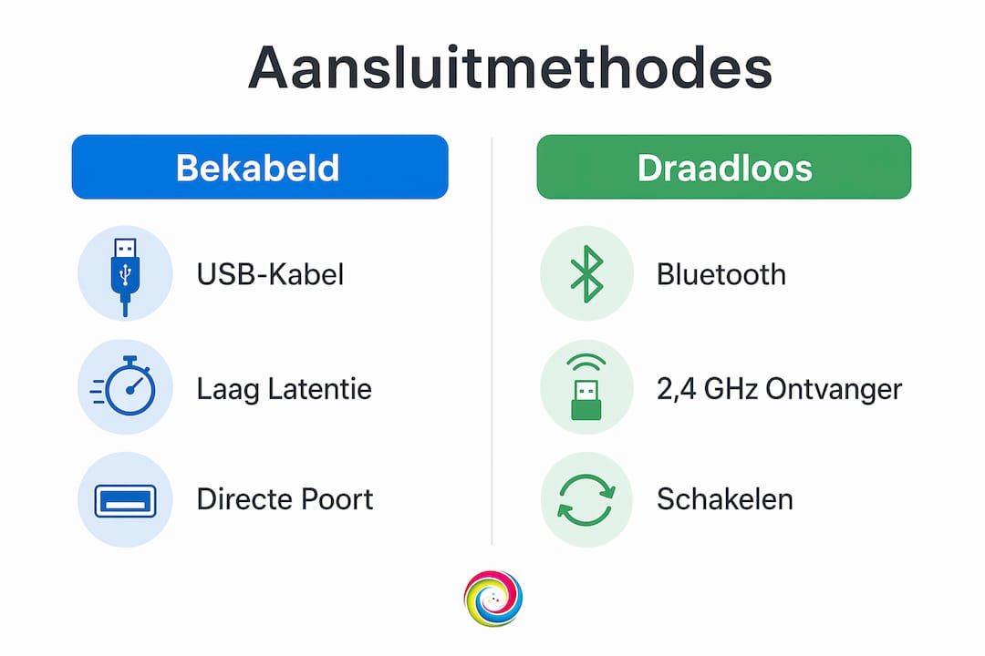 Overzicht van verschillende manieren om apparaten met elkaar te verbinden: bekabeld en draadloos