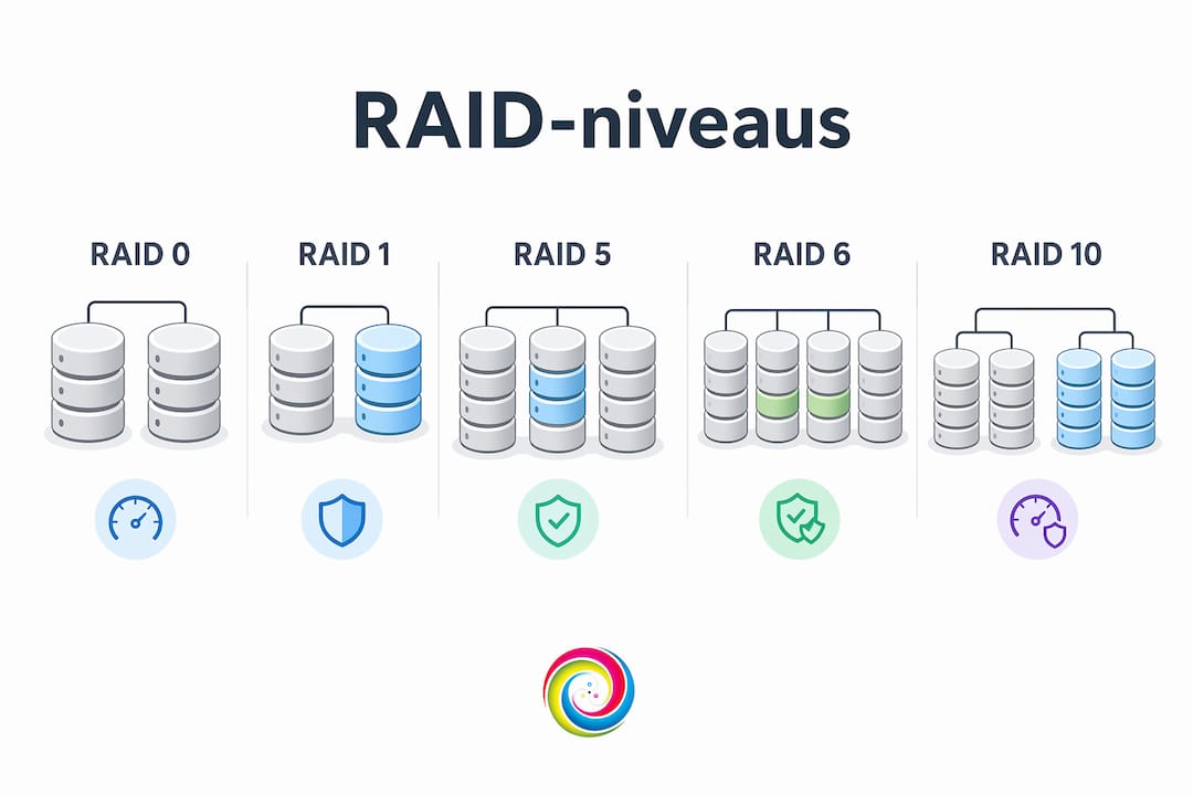 Infographic: overzicht van de verschillende RAID-niveaus en hun onderlinge verhoudingen