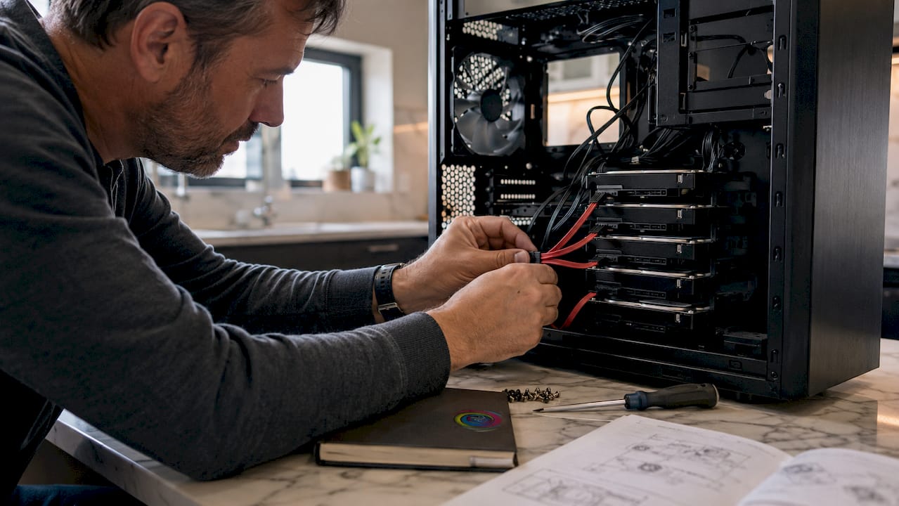 Iemand sluit kabels aan op harde schijven in een computerkast.