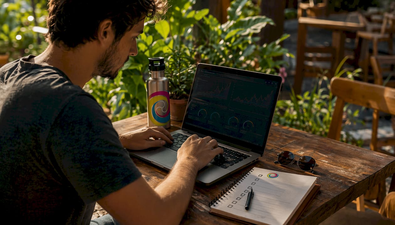 Iemand typt op een laptop terwijl hij aantekeningen maakt over benchmarkresultaten.