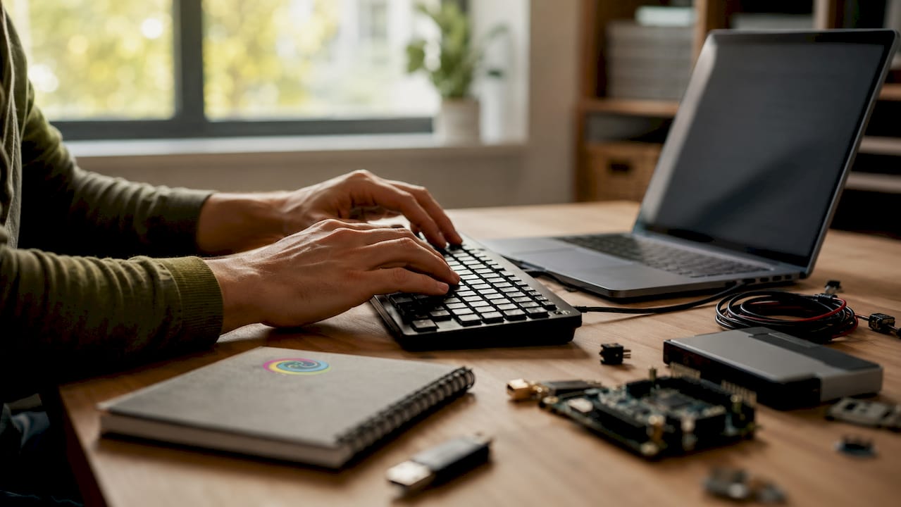 Handen die op een laptop typen zonder dat er tekst in beeld verschijnt