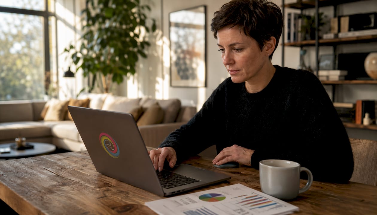 Iemand is thuis aan het werk op de laptop en exporteert daar gegevens.