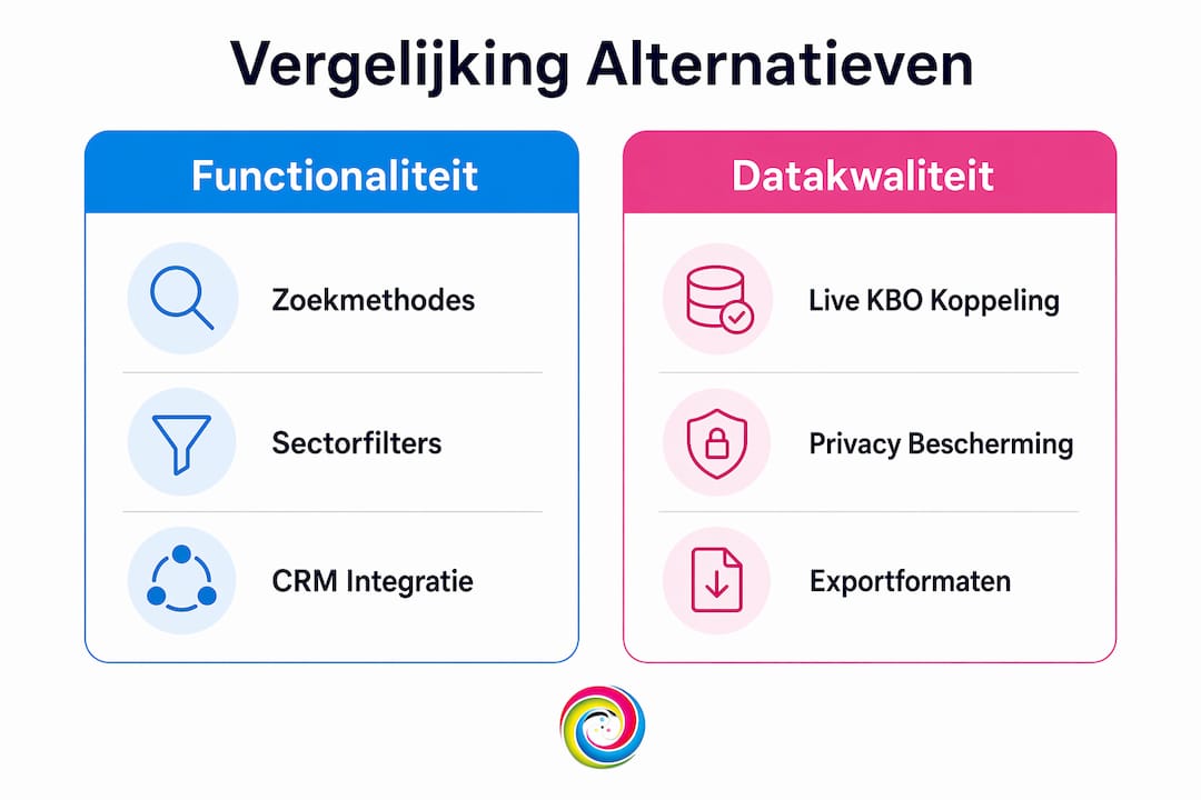 Overzichtelijke infographic: vergelijk de functionaliteiten en data kwaliteit van verschillende alternatieven voor bottin.be