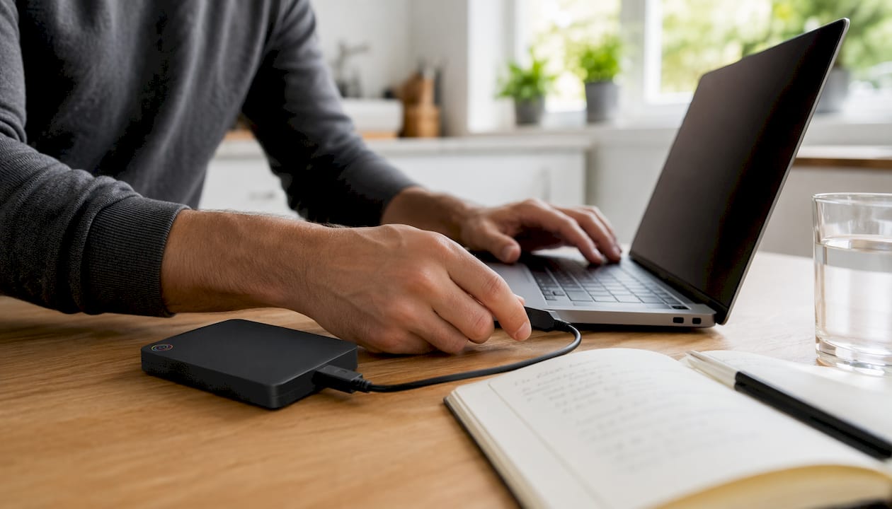 Iemand sluit een externe harde schijf aan op zijn bureau.
