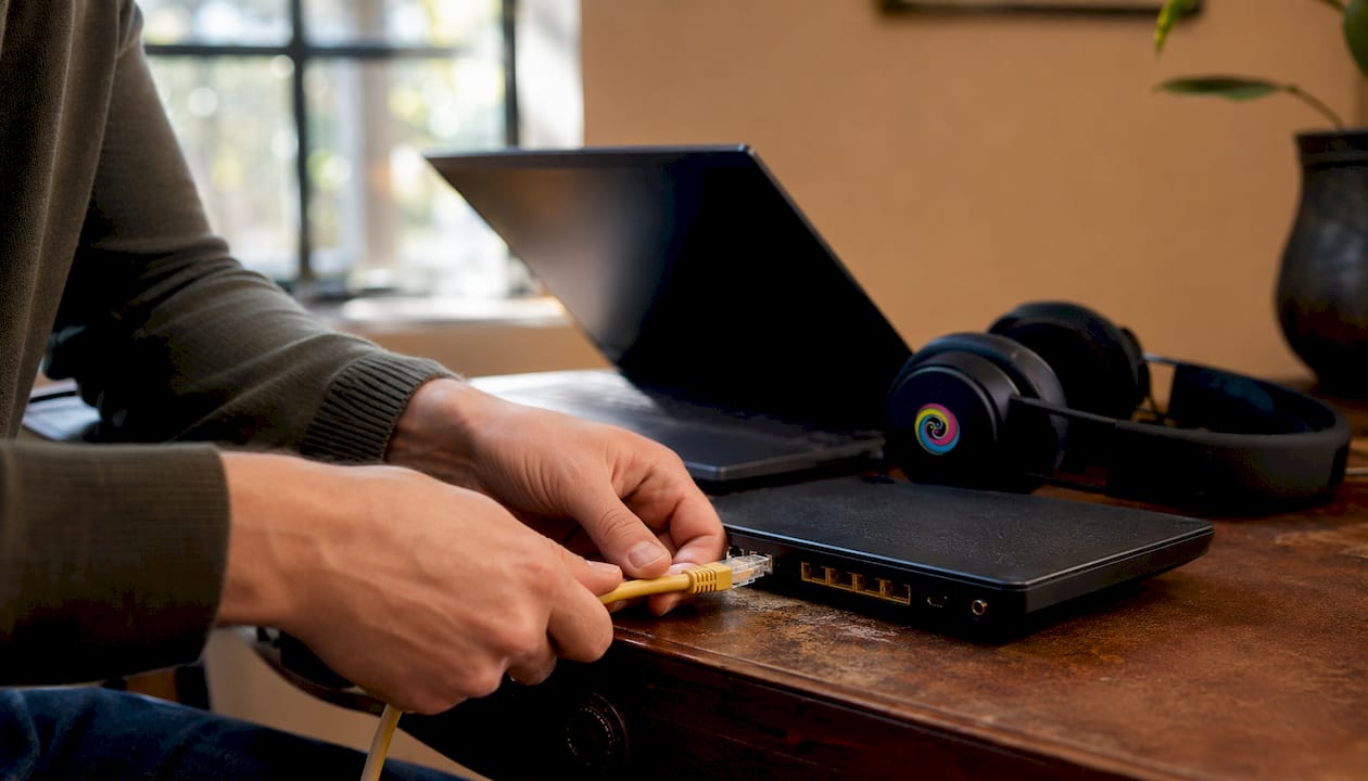 Iemand sluit een netwerkkabel aan op de router.