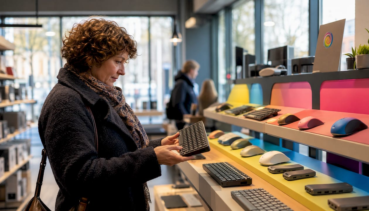 Een vrouw bekijkt computeraccessoires in een elektronicawinkel.