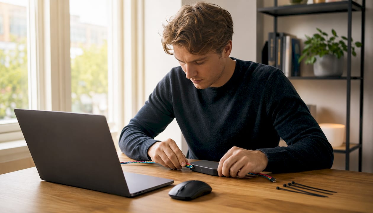 Een paar handen sluit verschillende computeraccessoires aan met kabels.