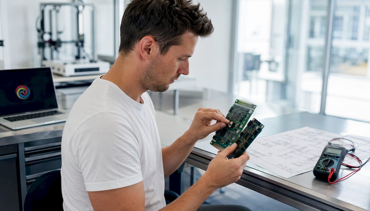 Handen die printplaten van een monitor vasthouden