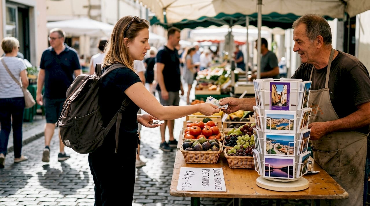 Woman pays cash at outdoor market vendor