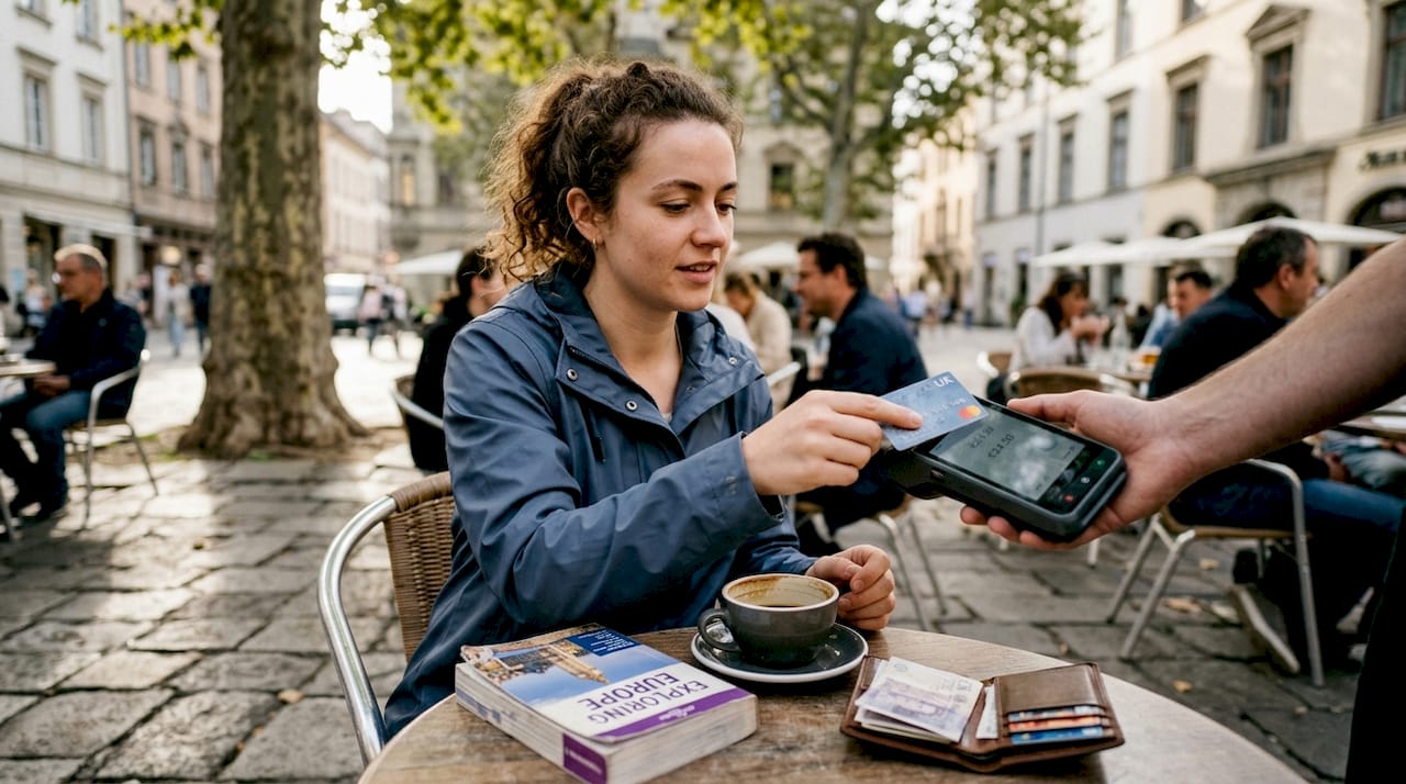 Tourist paying with bank card at café