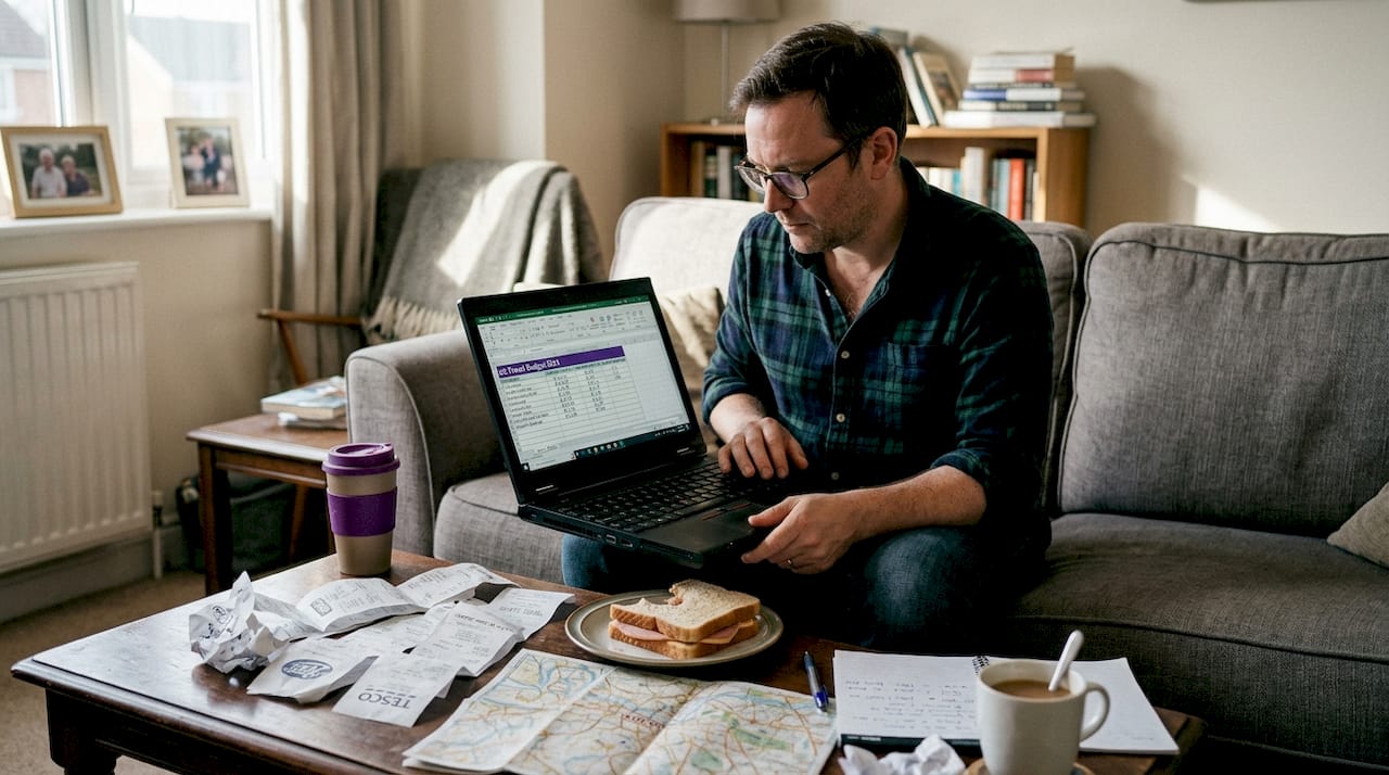 Man calculating travel budget on sofa
