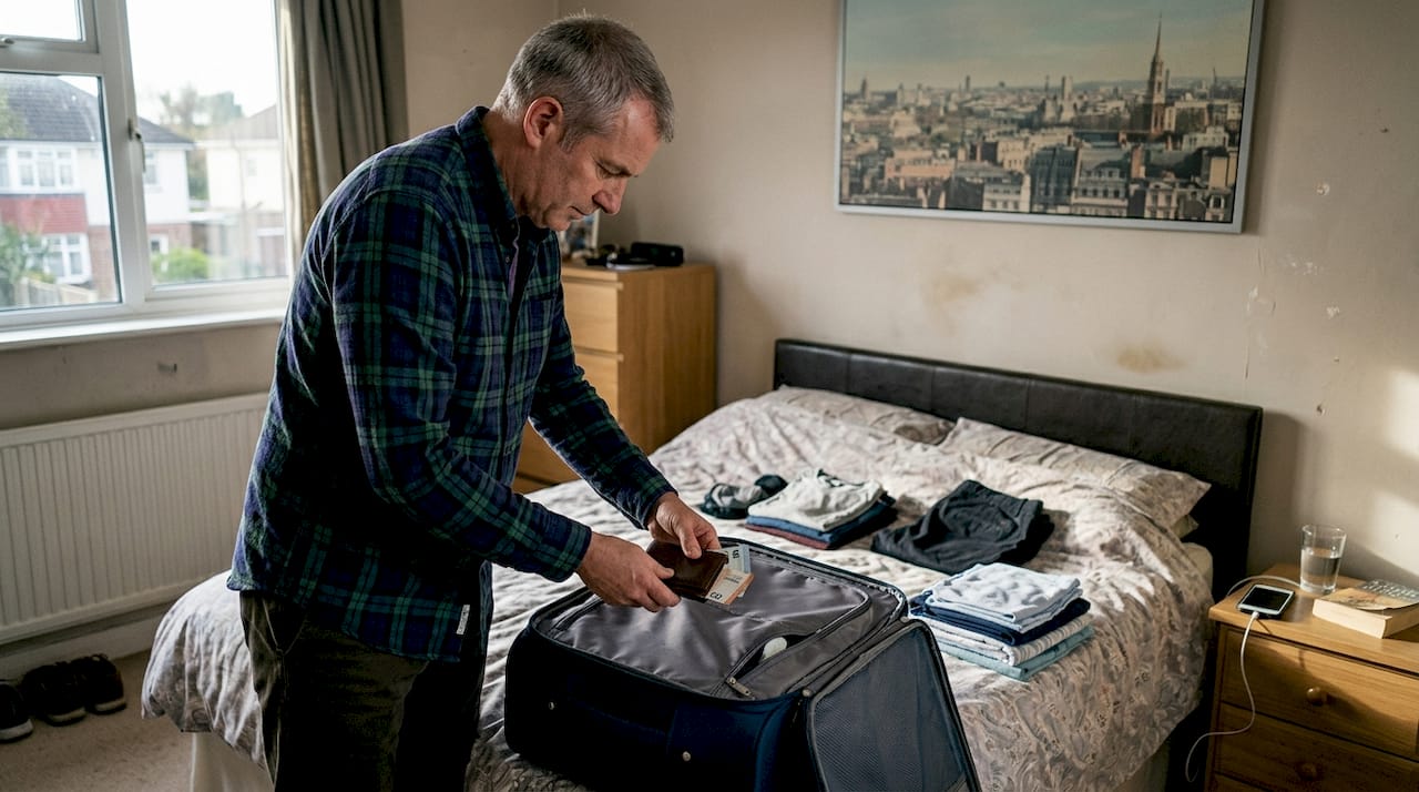 Man packing travel money in bedroom suitcase