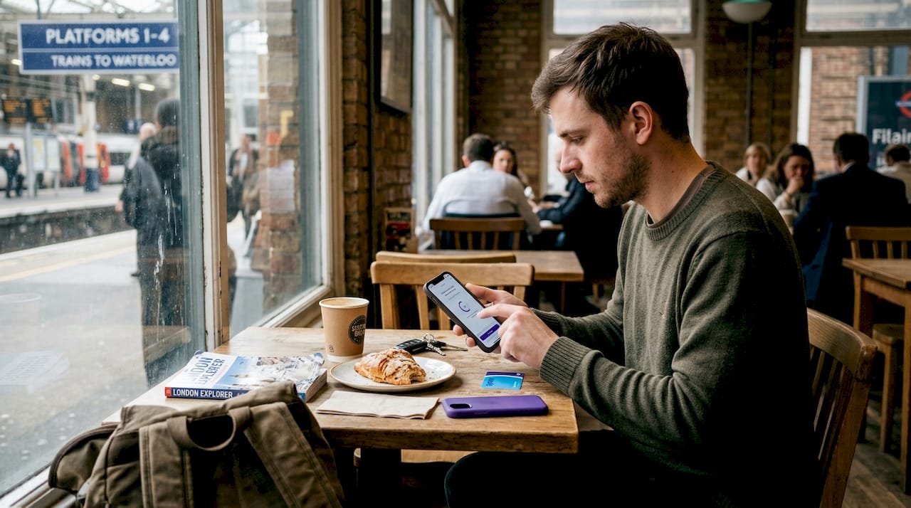 Man loading prepaid travel card at café