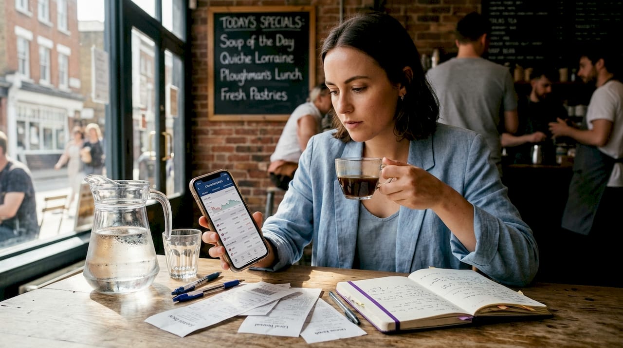 Person comparing exchange rates in café