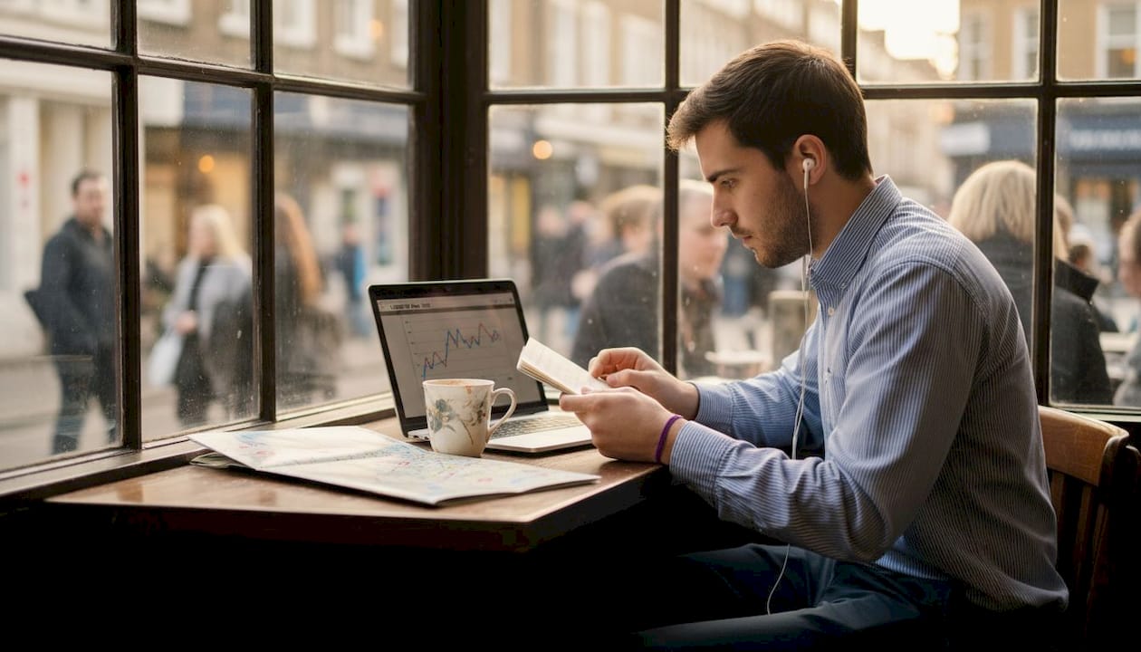 Café scene with traveller reviewing currency rate trends