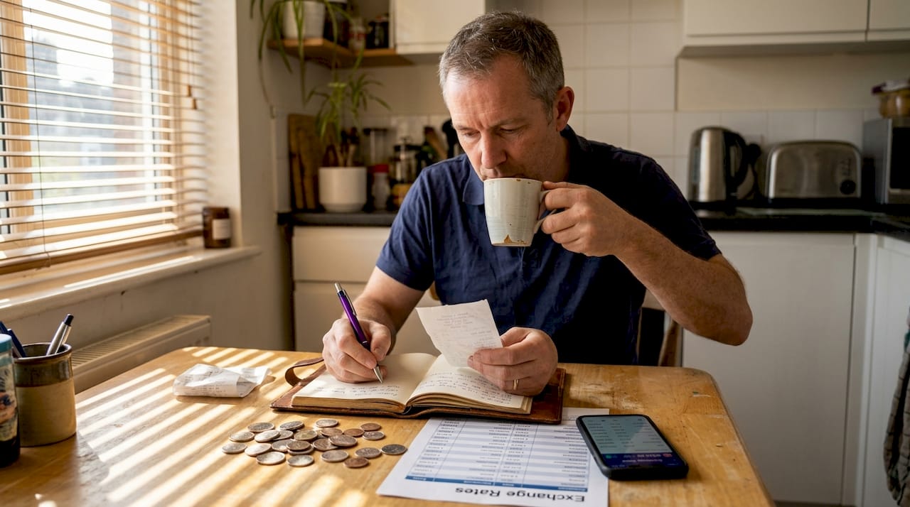 Man checks receipt and travel exchange rates