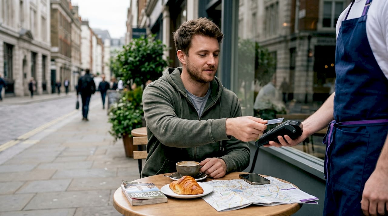 Man paying with credit card at outdoor café
