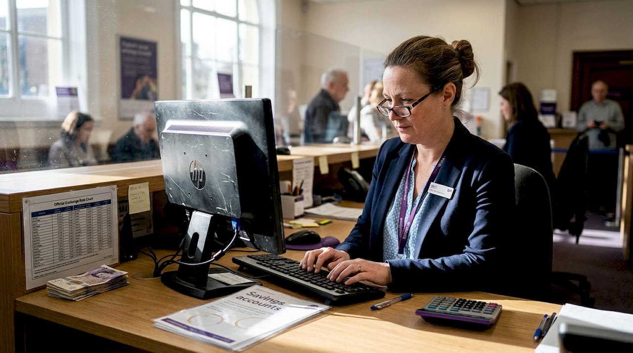 Bank teller calculating exchange rates