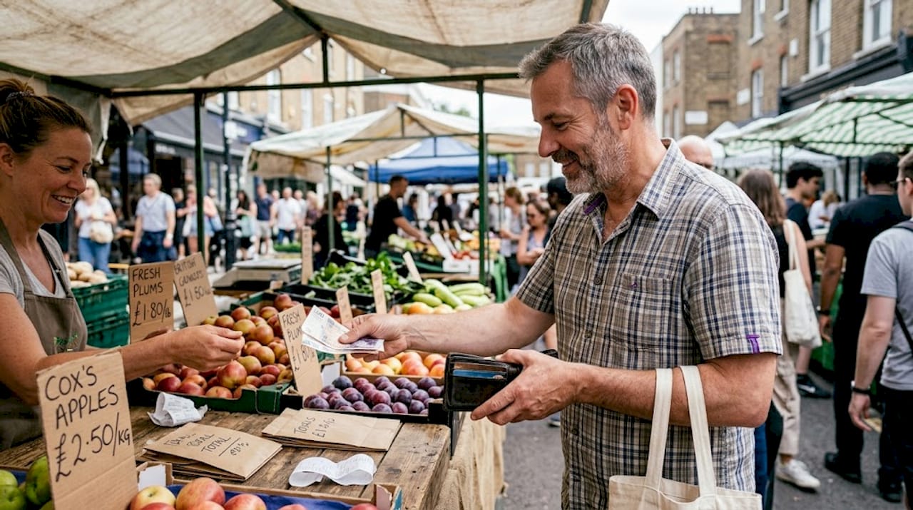 Man using cash in active street market