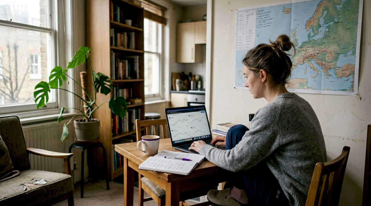 Woman checking exchange rates at home
