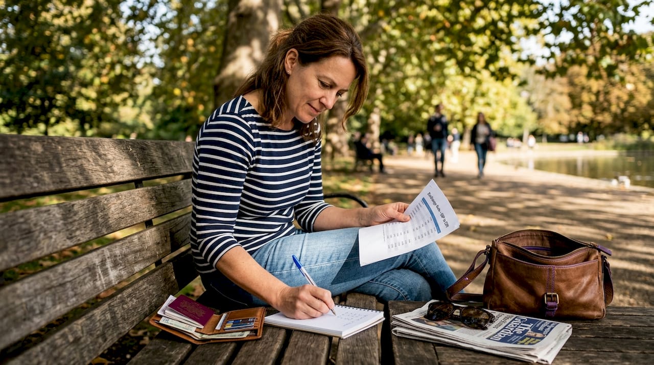 Woman calculating travel money at park bench