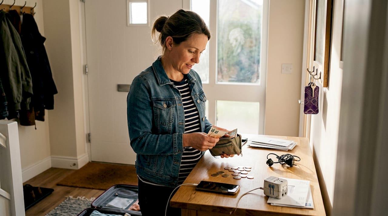 Woman organizing euros at home before trip
